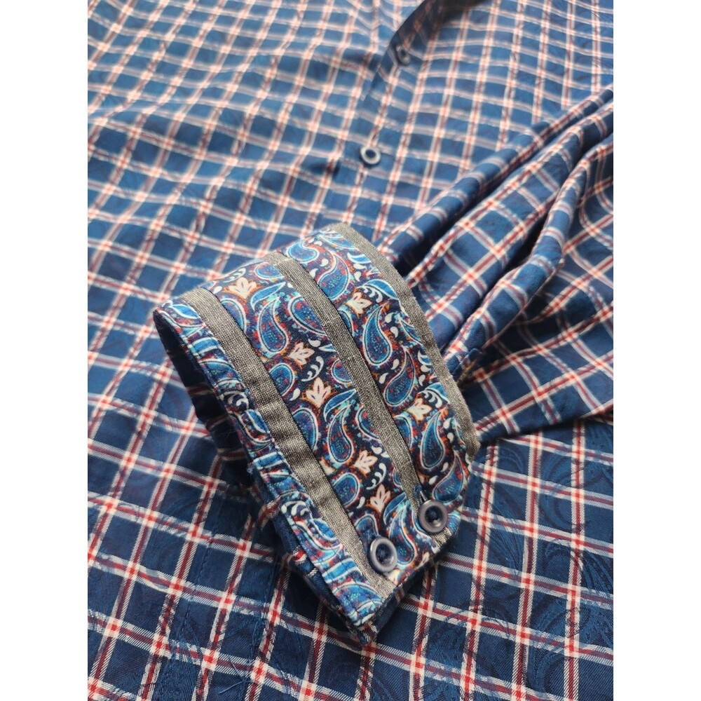 Robert Graham Shirt Button Up Paisley On Plaid Roll Over Cuff Knowledge Red Blue - Picture 12 of 16